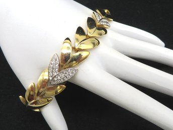 Crown Trifari Bracelet, Pave Rhinestone Gold Plated Leafy Link Bracelet