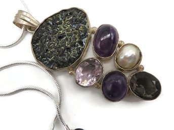 Sterling Silver Gemstone Pendant Necklace, Amethyst, Pearl, and Quartz Pendant, Snake Chain Necklace