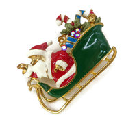 Vintage Santa Clause on a Sleigh Brooch with Gifts