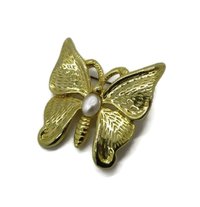 Gold Tone Butterfly Brooch with Faux Pearl