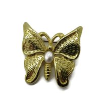 Gold Tone Butterfly Brooch with Faux Pearl