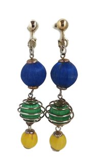 Vintage Multi-Color Wire Wrapped Dangling Ornament Clip-on Earrings