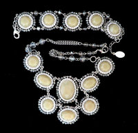 Vintage Bracelet, Necklace Set,  Cream Bead and Rhinestones, Glass Beaded Demi Parure