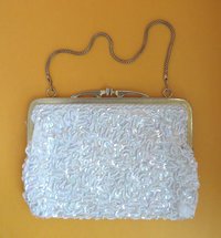 White Beaded Evening Bag, Sequined Chain Handle Purse with Mirror
