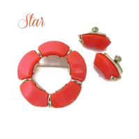Signed STAR Orange Thermoset Brooch and Earrings Set, Vintage Mid Century Jewelry