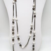 Long Beaded Necklace, Silver Gray Two Tone Chain Link Necklace