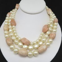 Chunky Richelieu Necklace, White Bead, Pink Stone Triple Strand