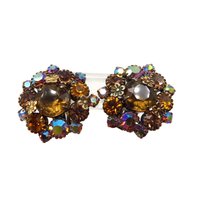 Weiss Brown Rhinestone Earrings, Bronze Tone Flower Clip-ons
