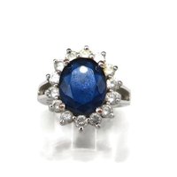 Sapphire Blue Glass and Rhinestone Halo Fashion Ring, Size 6