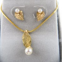 Gold Earrings and Necklace Set, Cultured Pearl Earrings and Necklace,  14K Gold Pendant, 10K Gold Earrings