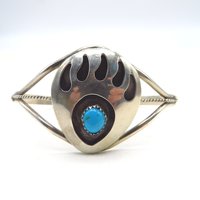 Navajo Sterling Silver Shadowbox Turquoise Bear Claw Cuff 