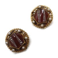 Signed ART Brown Button Lucite and Faux Pearl Clip-on Earrings