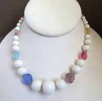 Vintage Milk Glass Art Glass Necklace, White, Blue, Pink Bead Choker