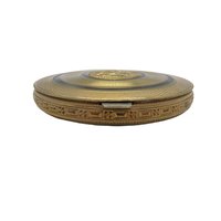 Vintage Compact, Round Gold Tone, Black Enamel and Flower Top Makeup Case