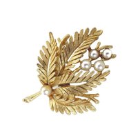ROMA Gold Tone Faux Pearl Flowery Leaf Pin