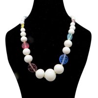 Vintage Milk Glass Art Glass Necklace, White, Blue, Pink Bead Choker