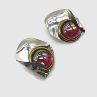 1990s Handmade Silver Tone Red Bead Pierced Stud Earrings