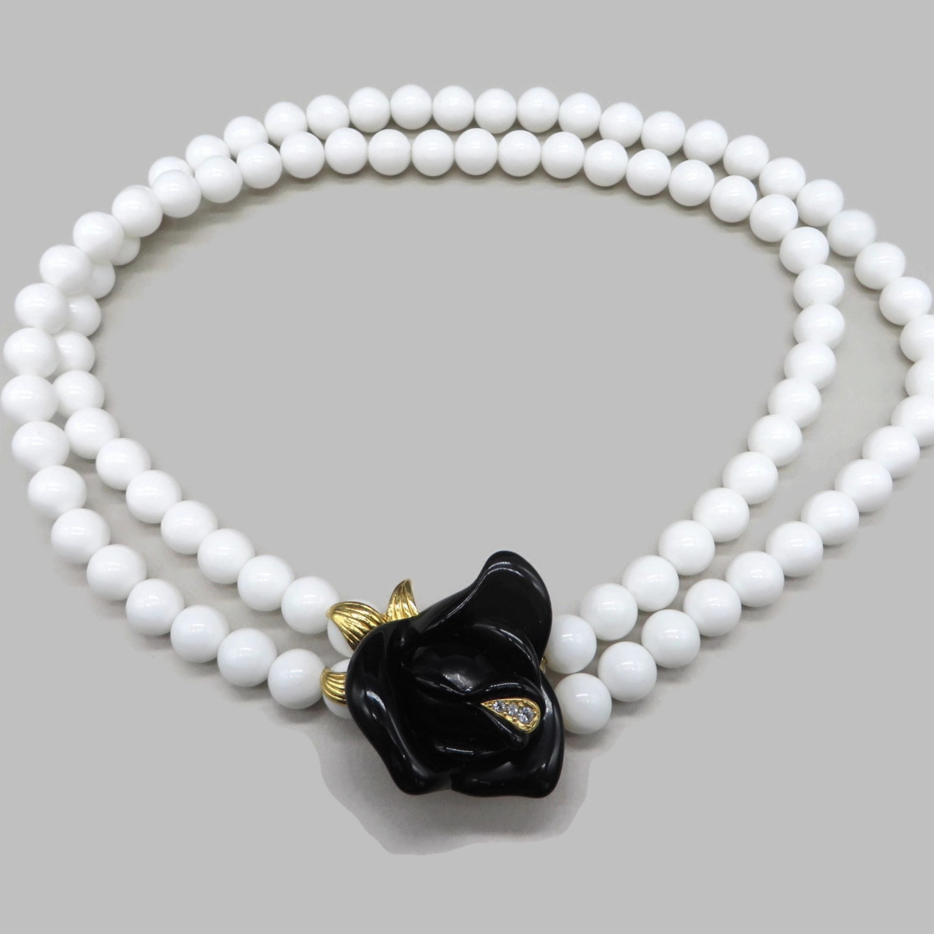 Kenneth Jay Lane Necklace, White Beaded Black Lucite Flower Rhinestone Dotted Necklace