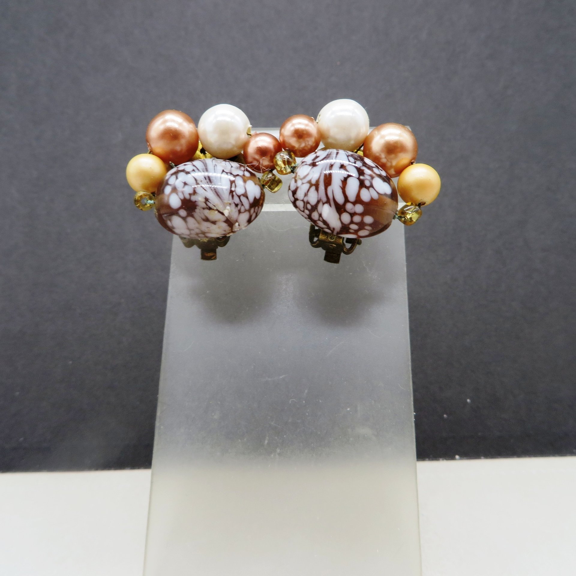 1960's Multi-Color Beaded Earrings  in Mottled Wine, Copper, Yellow and White, Vintage Japan Jewelry