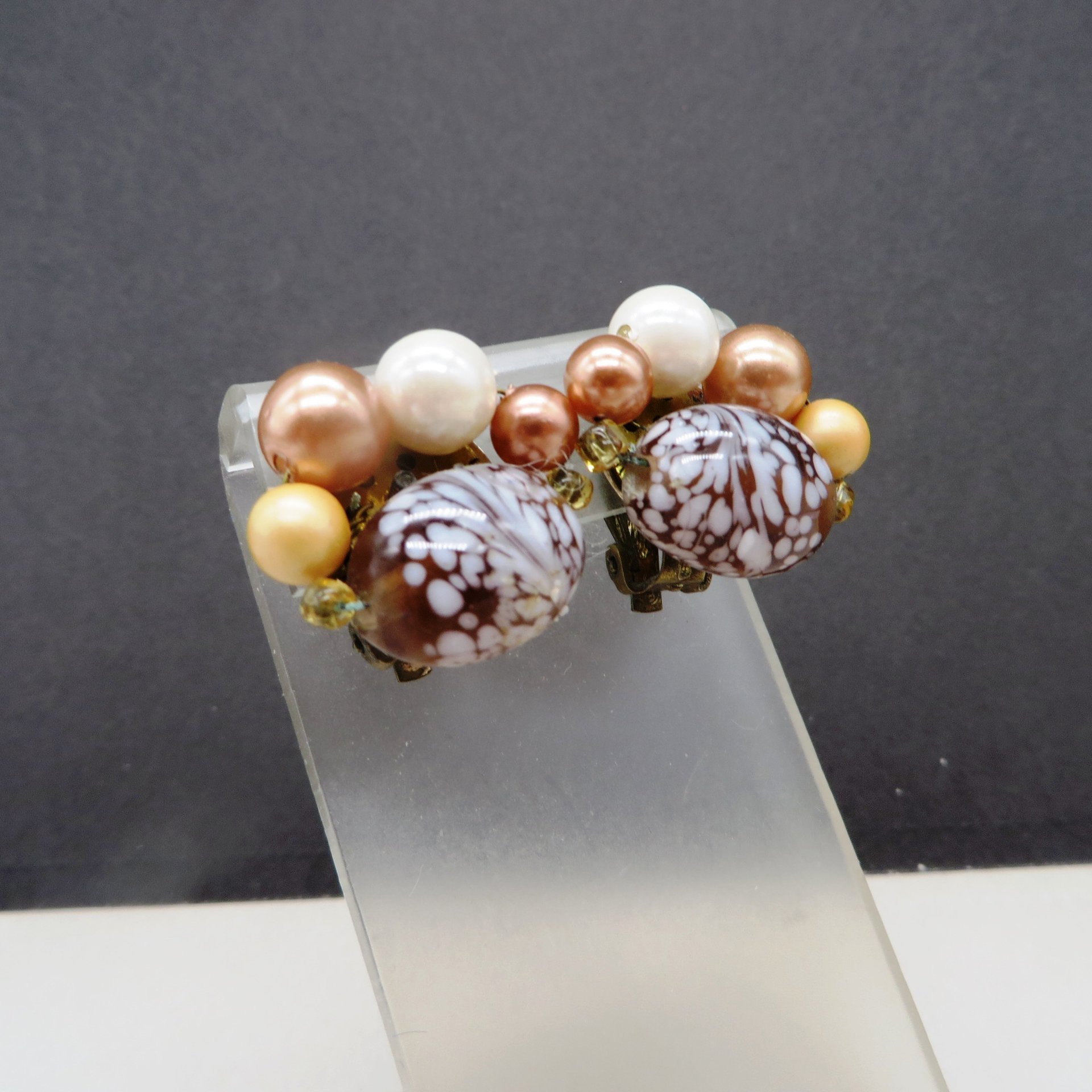 1960's Multi-Color Beaded Earrings  in Mottled Wine, Copper, Yellow and White, Vintage Japan Jewelry