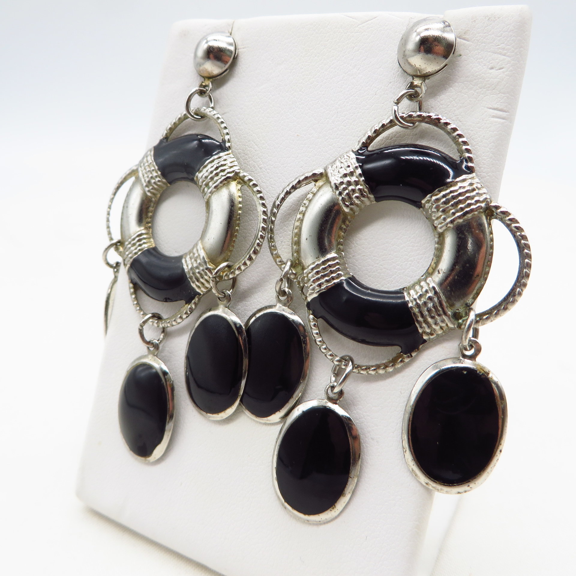 Black and Silver Dangling Bead Earrings, Vintage Nautical Boho Pierced Stud Earrings