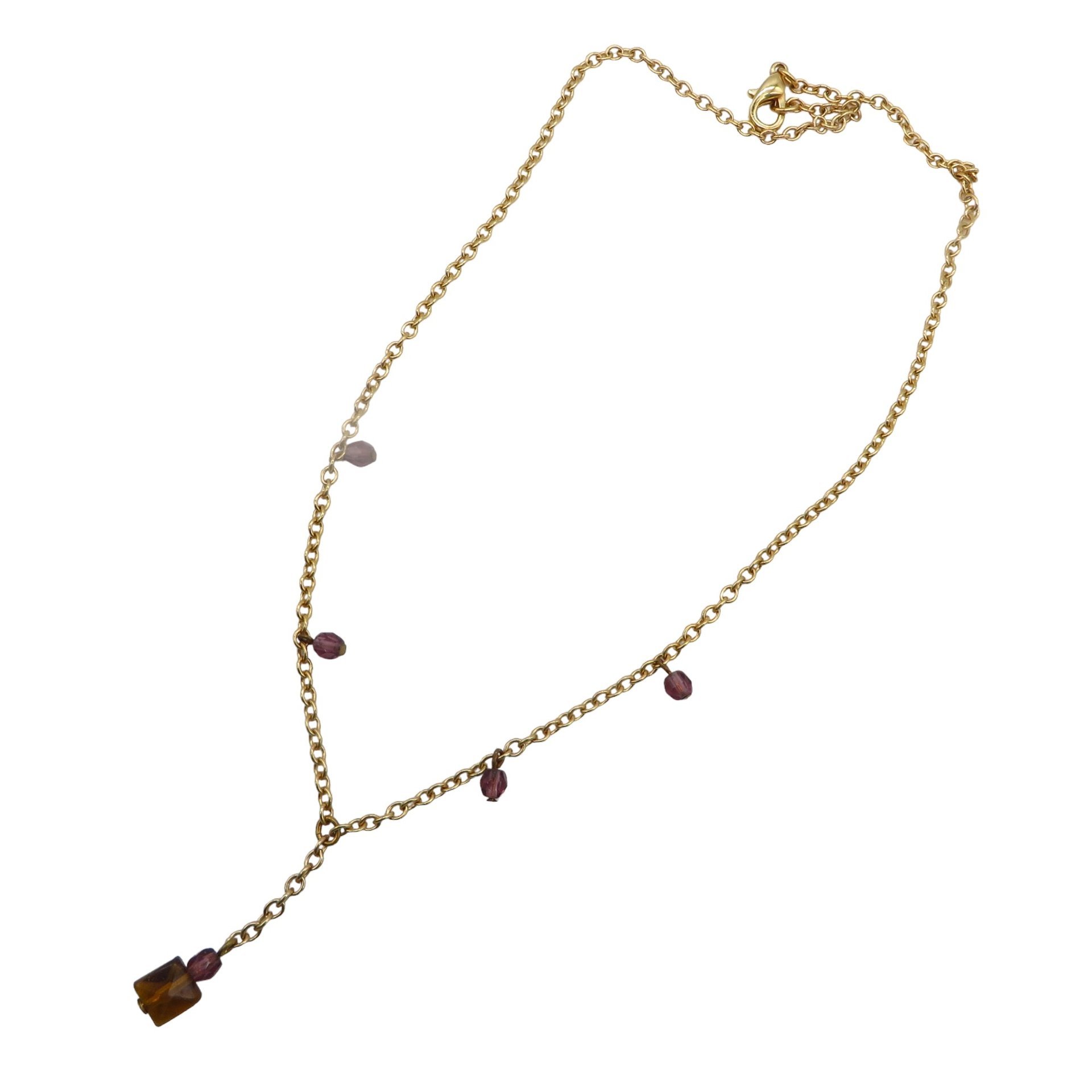 Brown Bead Chain Necklace, Gold Tone Rolo Chain and Faceted Beads, Dainty Jewelry