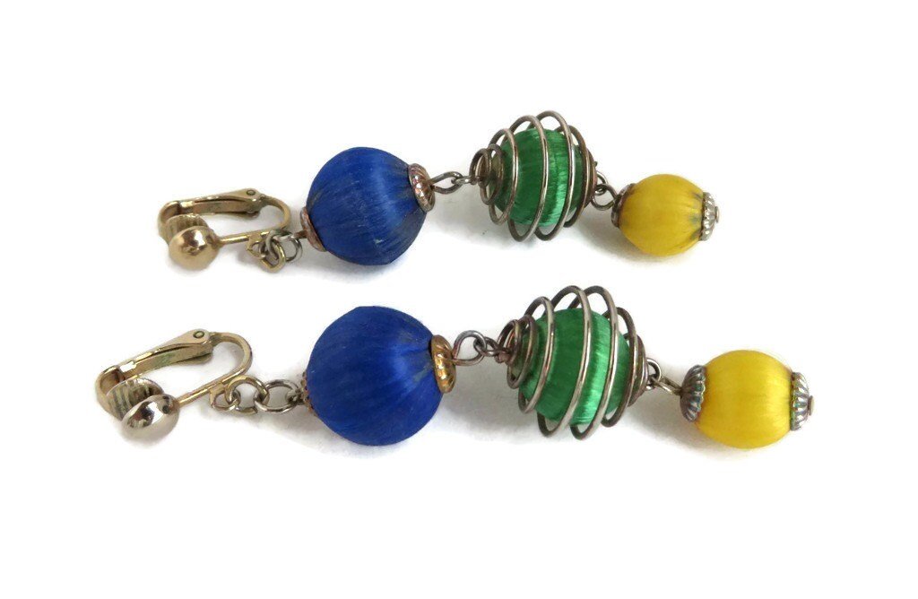 Vintage Multi-Color Wire Wrapped Dangling Ornament Clip-on Earrings