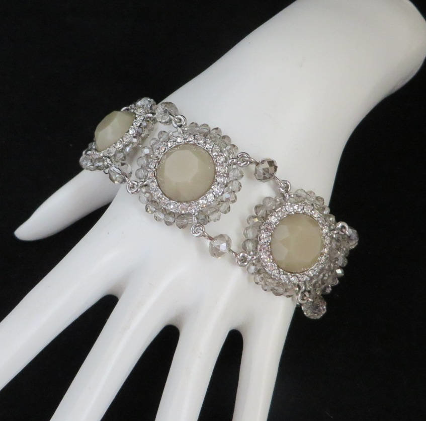 Vintage Bracelet, Necklace Set,  Cream Bead and Rhinestones, Glass Beaded Demi Parure