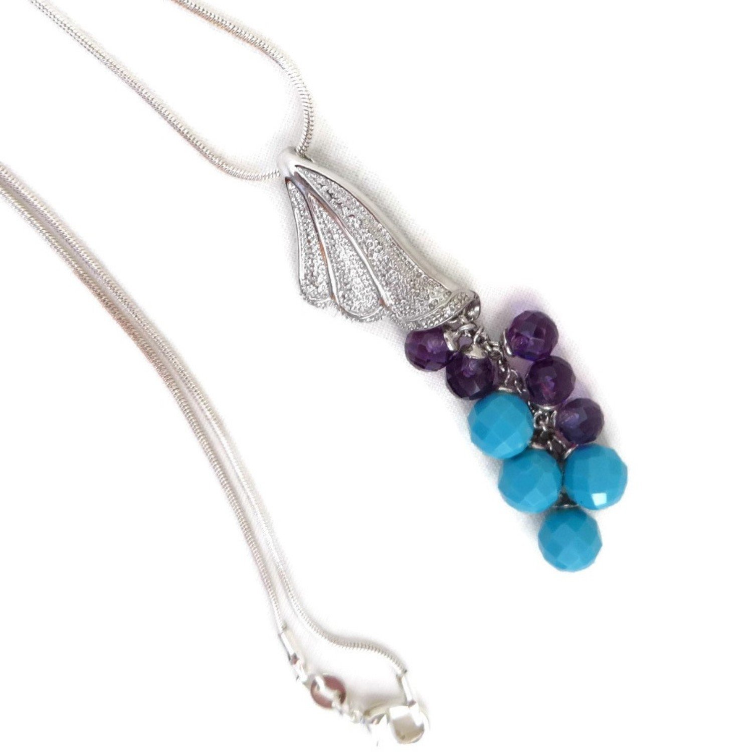 Dangling Beads Necklace, Fan Pendant with Beads, Sterling Silver Cobra Chain Necklace