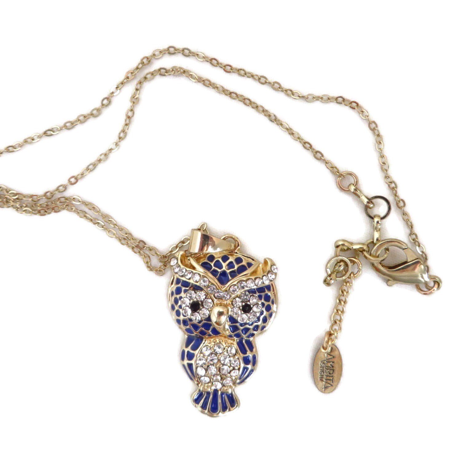 Blue Owl Rhinestone Studded Pendant Necklace