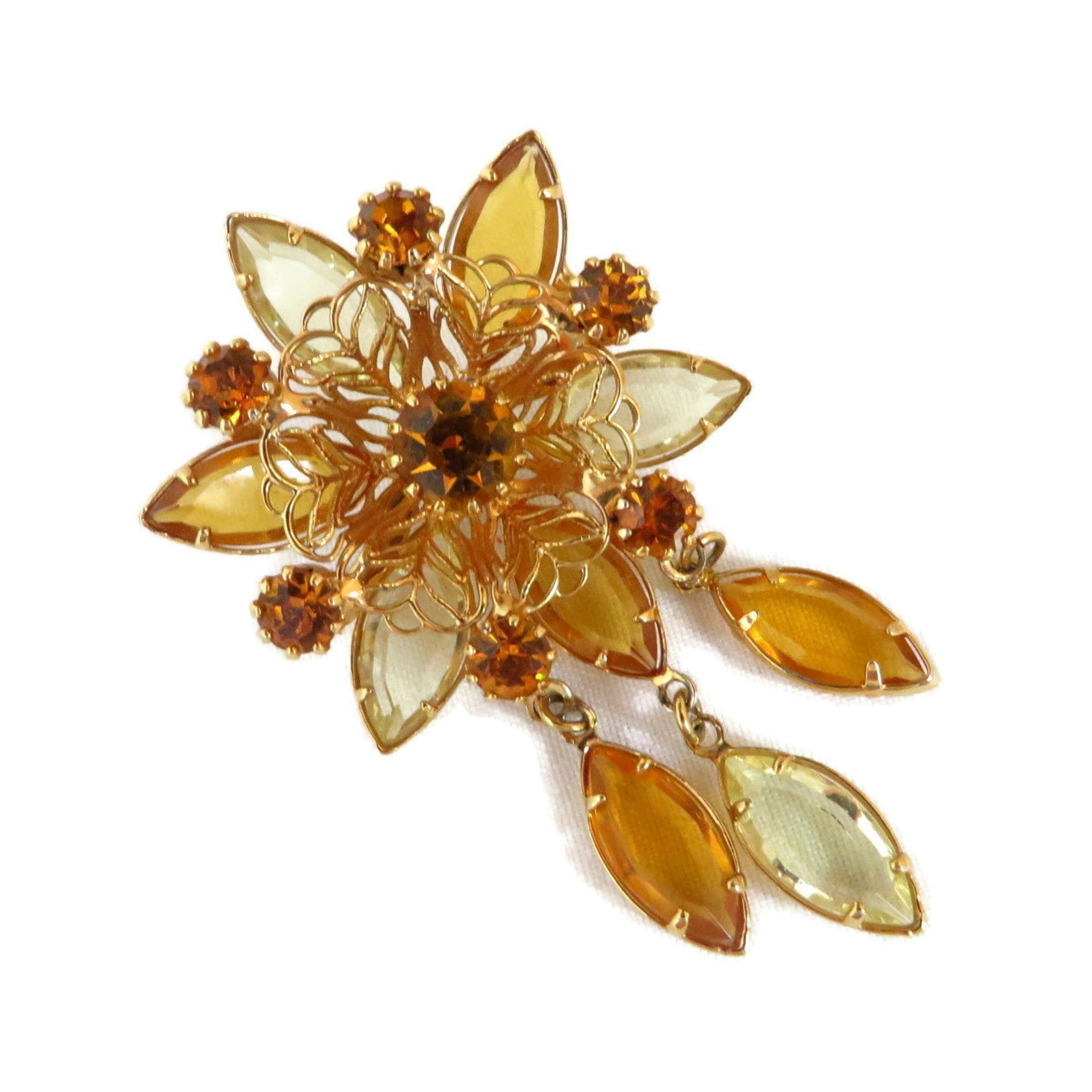 Dangling Rhinestone Golden Flower Brooch