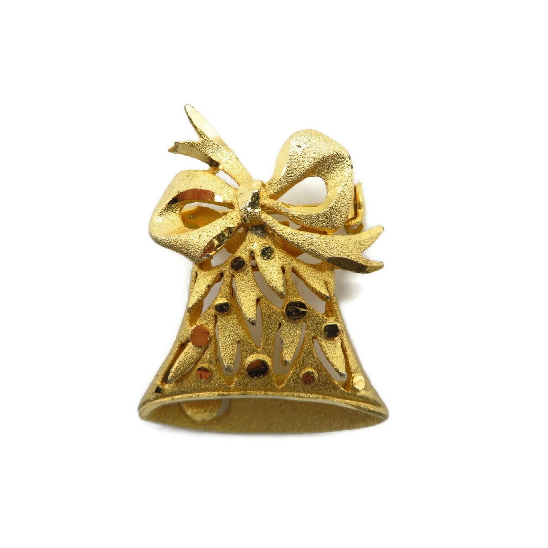 Vintage Gold Bell Bow Topped Christmas Brooch
