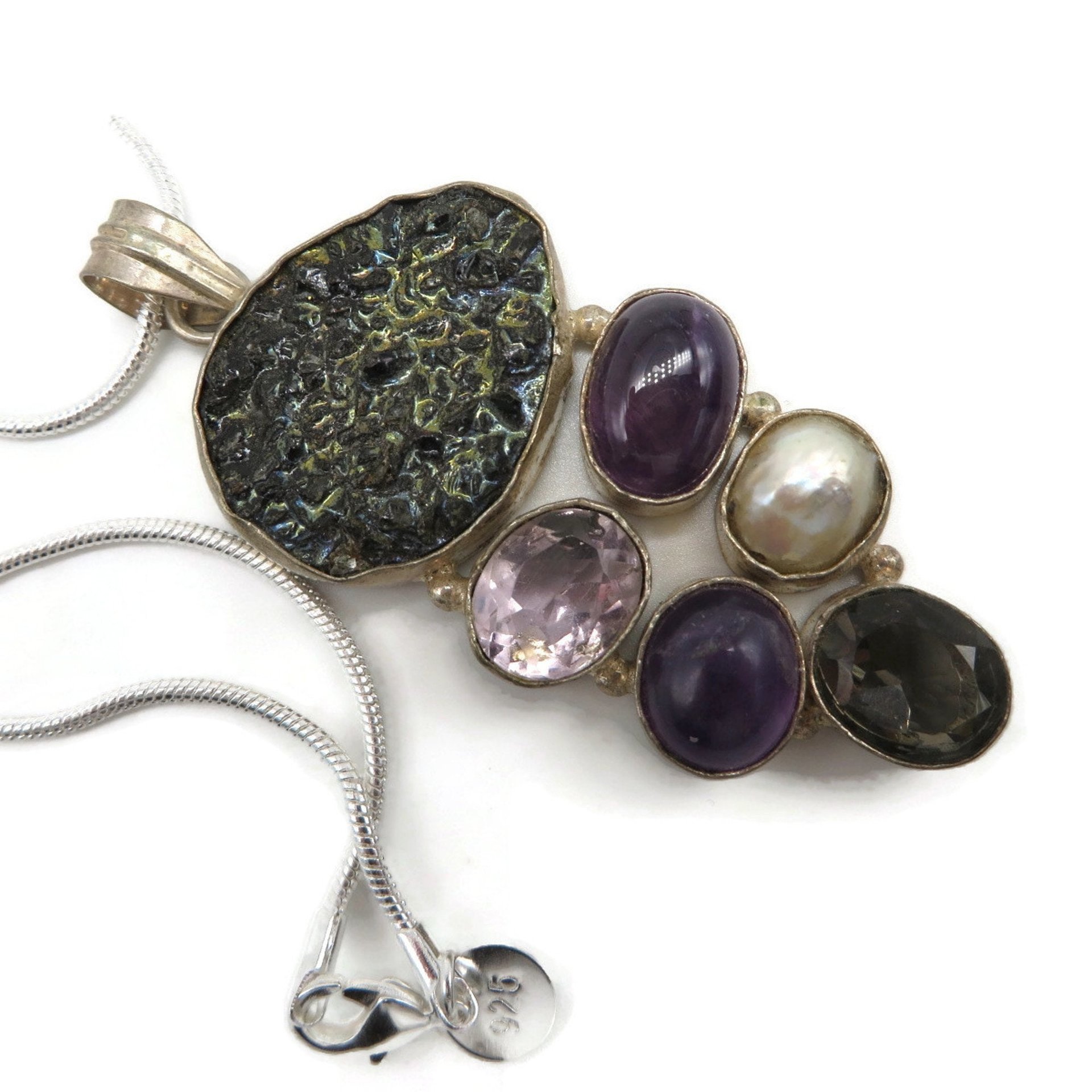 Sterling Silver Gemstone Pendant Necklace, Amethyst, Pearl, and Quartz Pendant, Snake Chain Necklace