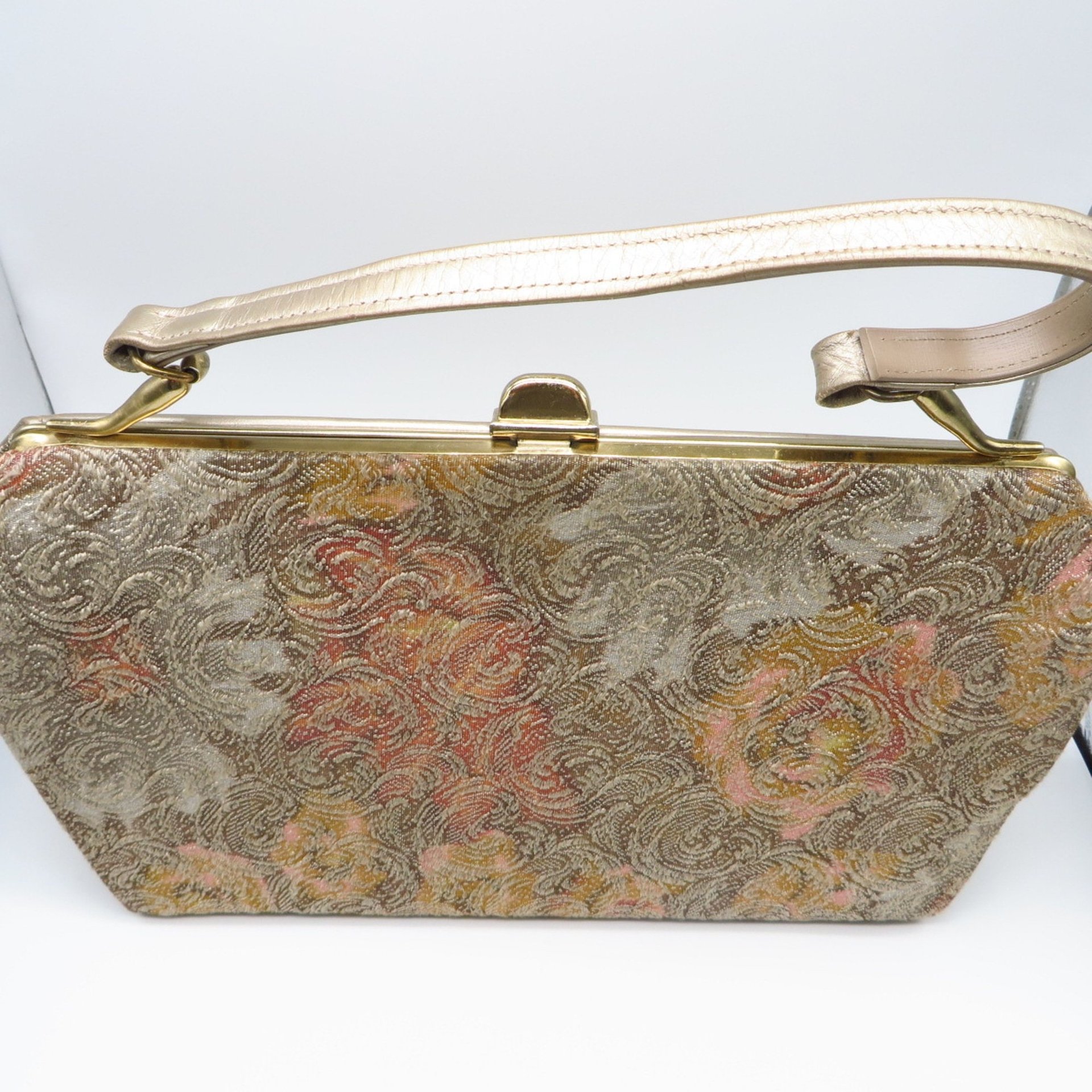Johansen Tapestry Handbag, Vintage Pink, Gold and Tan Top Handle Purse