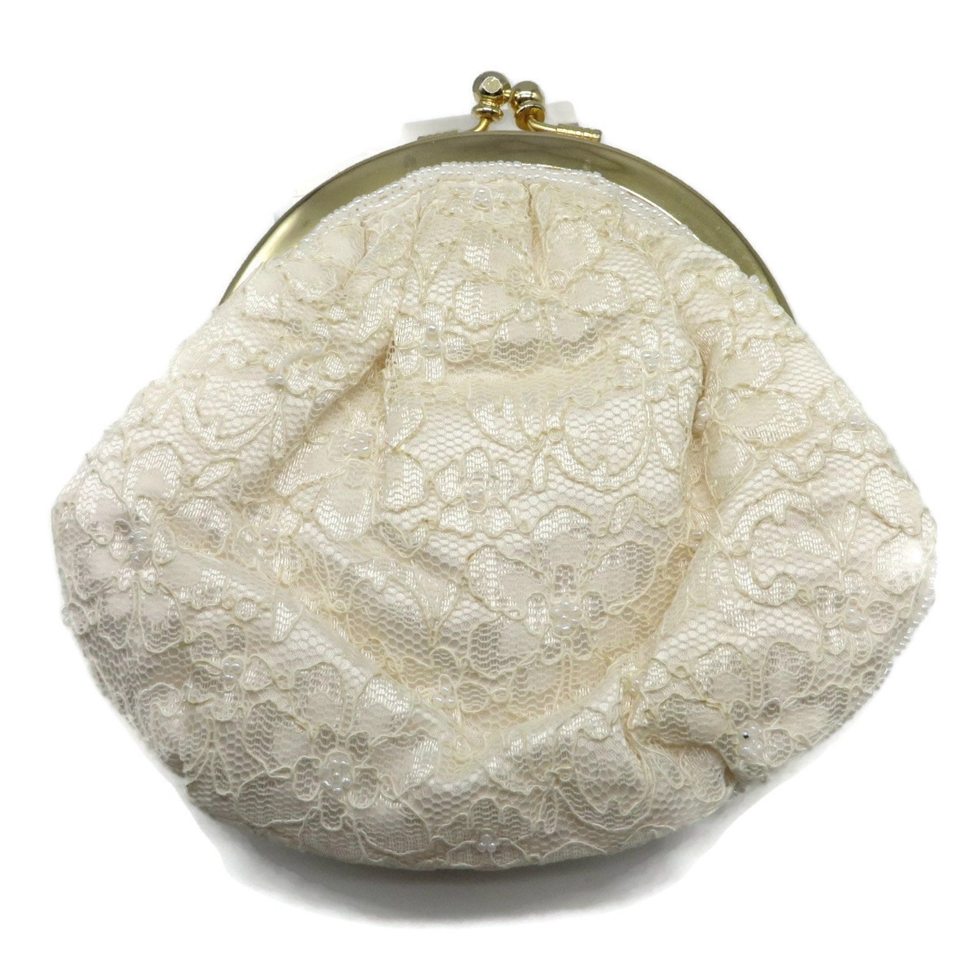La Regale White Beaded Lace and Satin Evening Bag