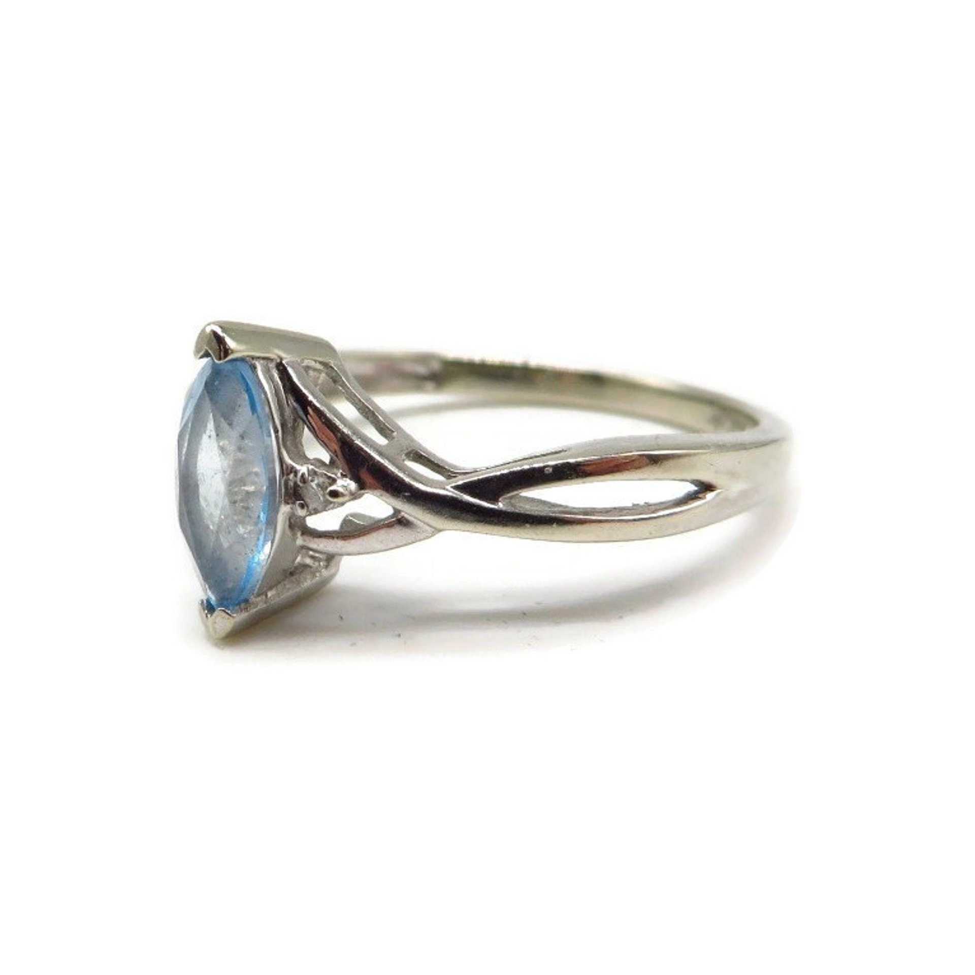 10k White Gold Blue Topaz and Diamond Ring, Size 7