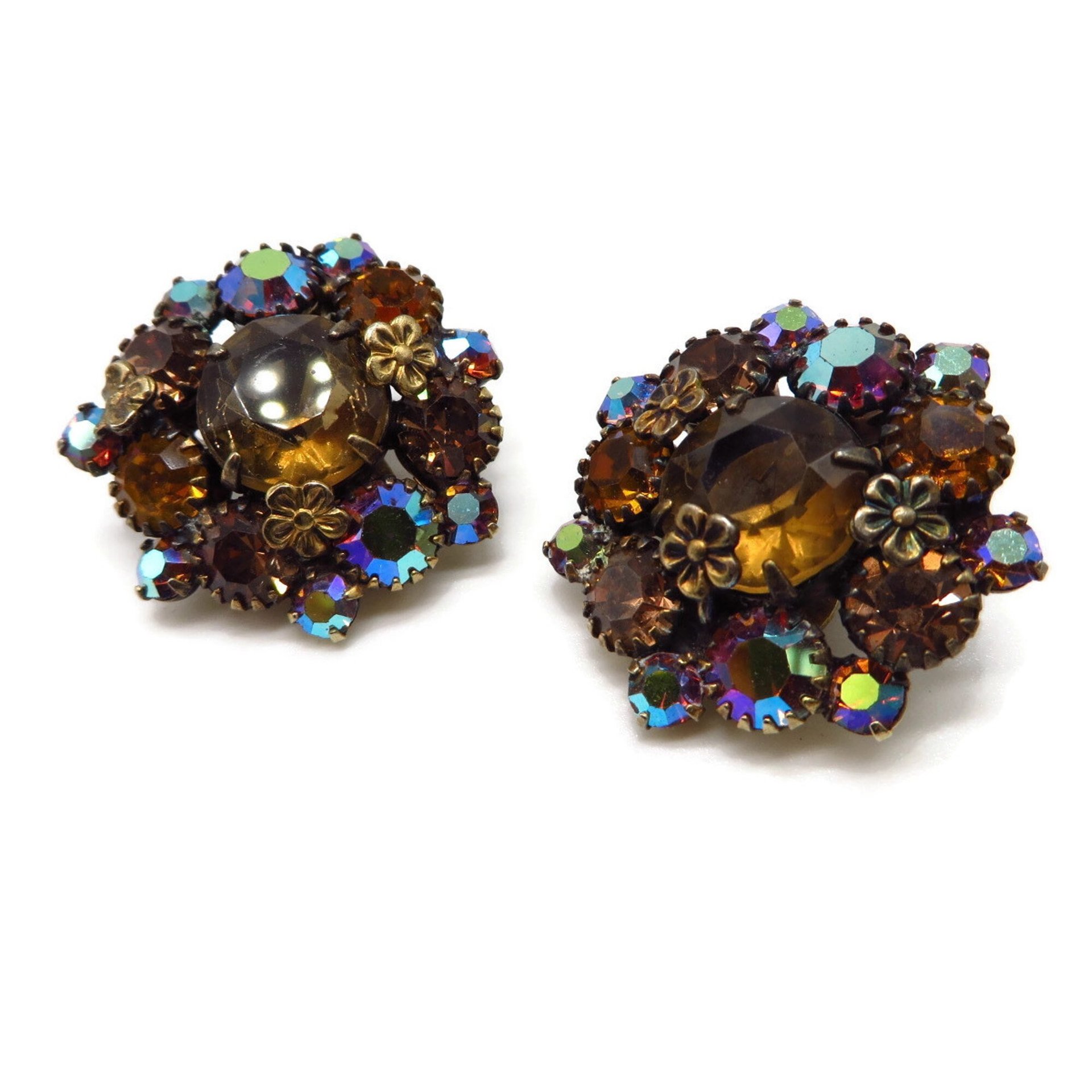 Weiss Brown Rhinestone Earrings, Bronze Tone Flower Clip-ons