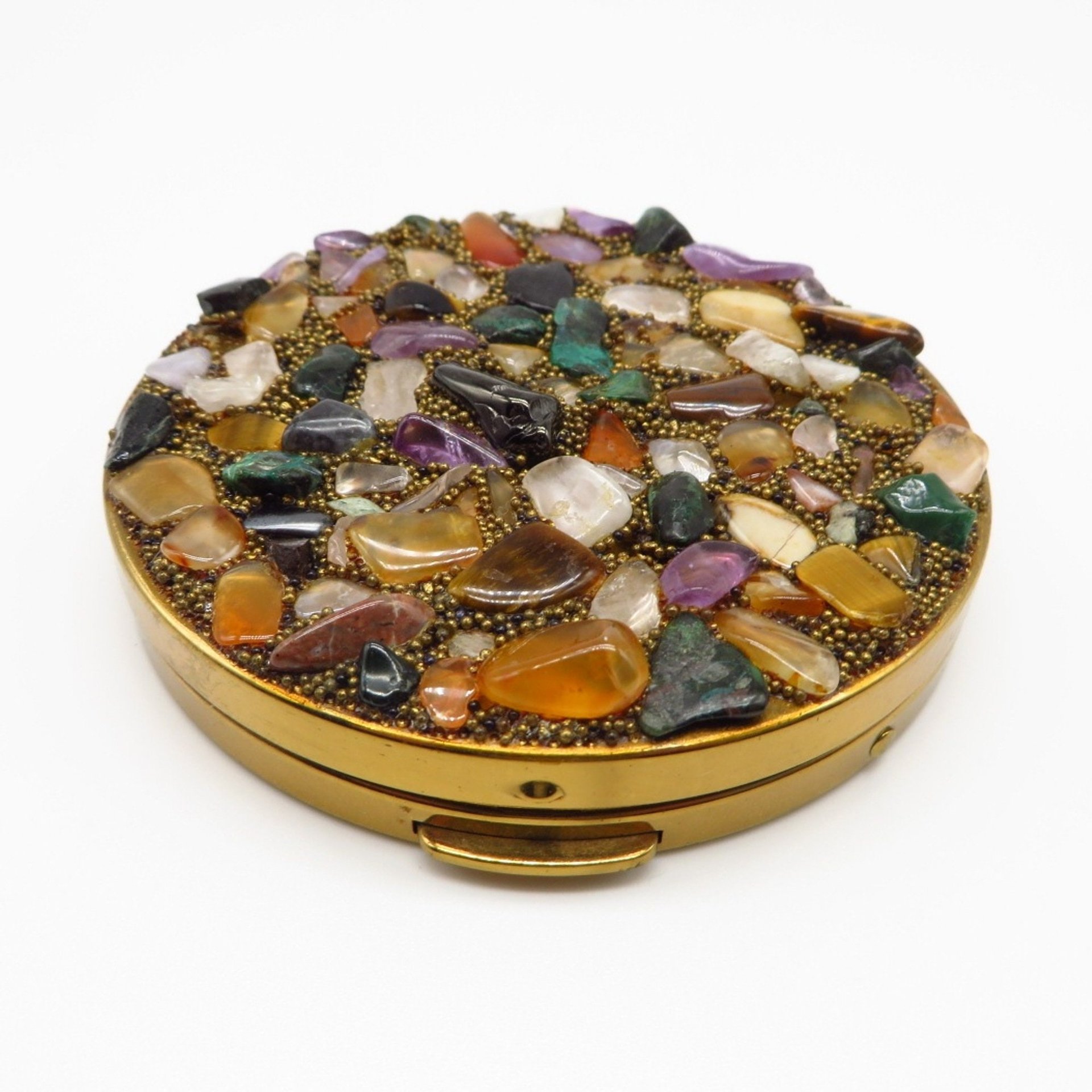 Sam Fink Compact, Semi-Precious Stones Round Gold Tone Mirrored Powder Makeup Case