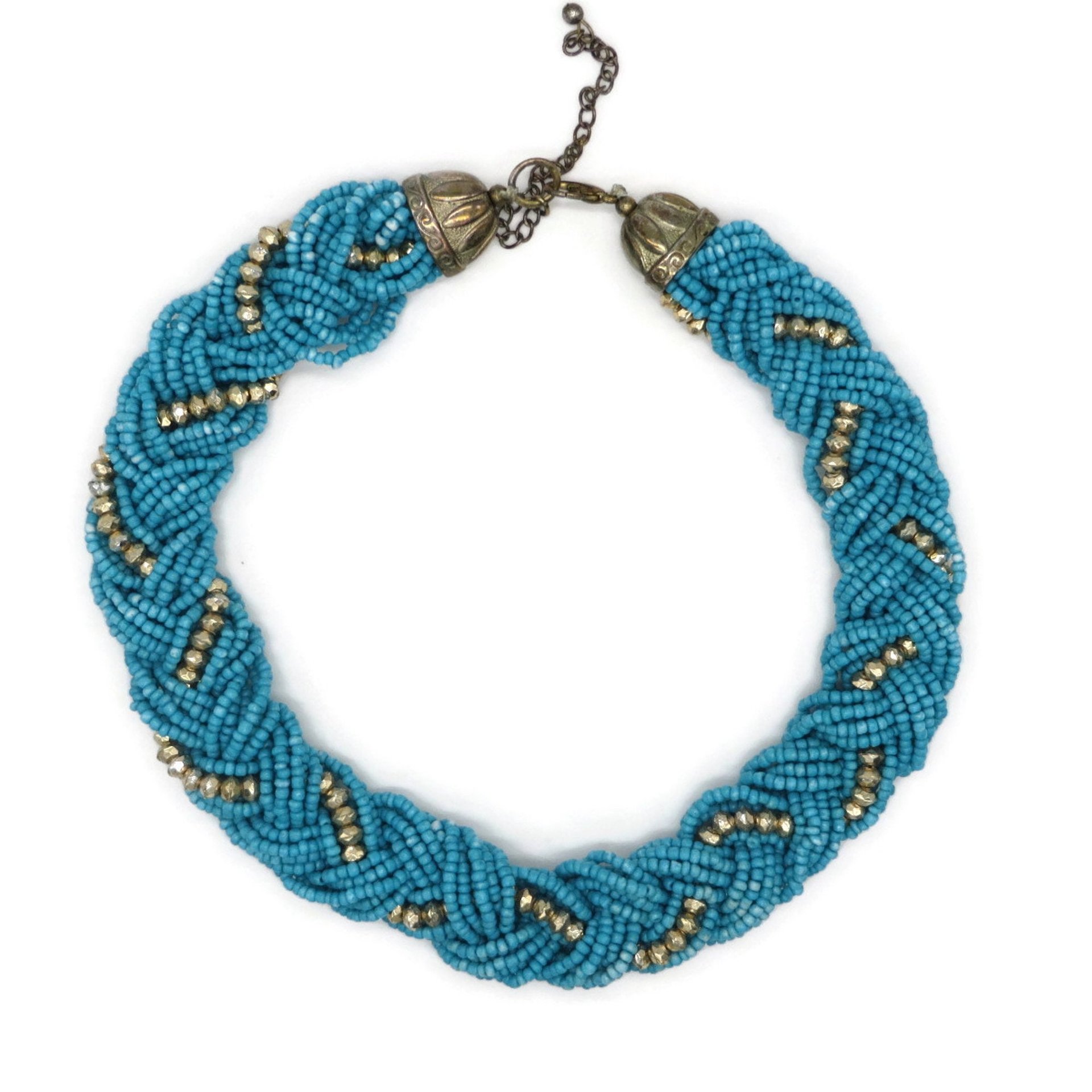 Turquoise Braided Bead Gold and Silver Tone Choker Necklace