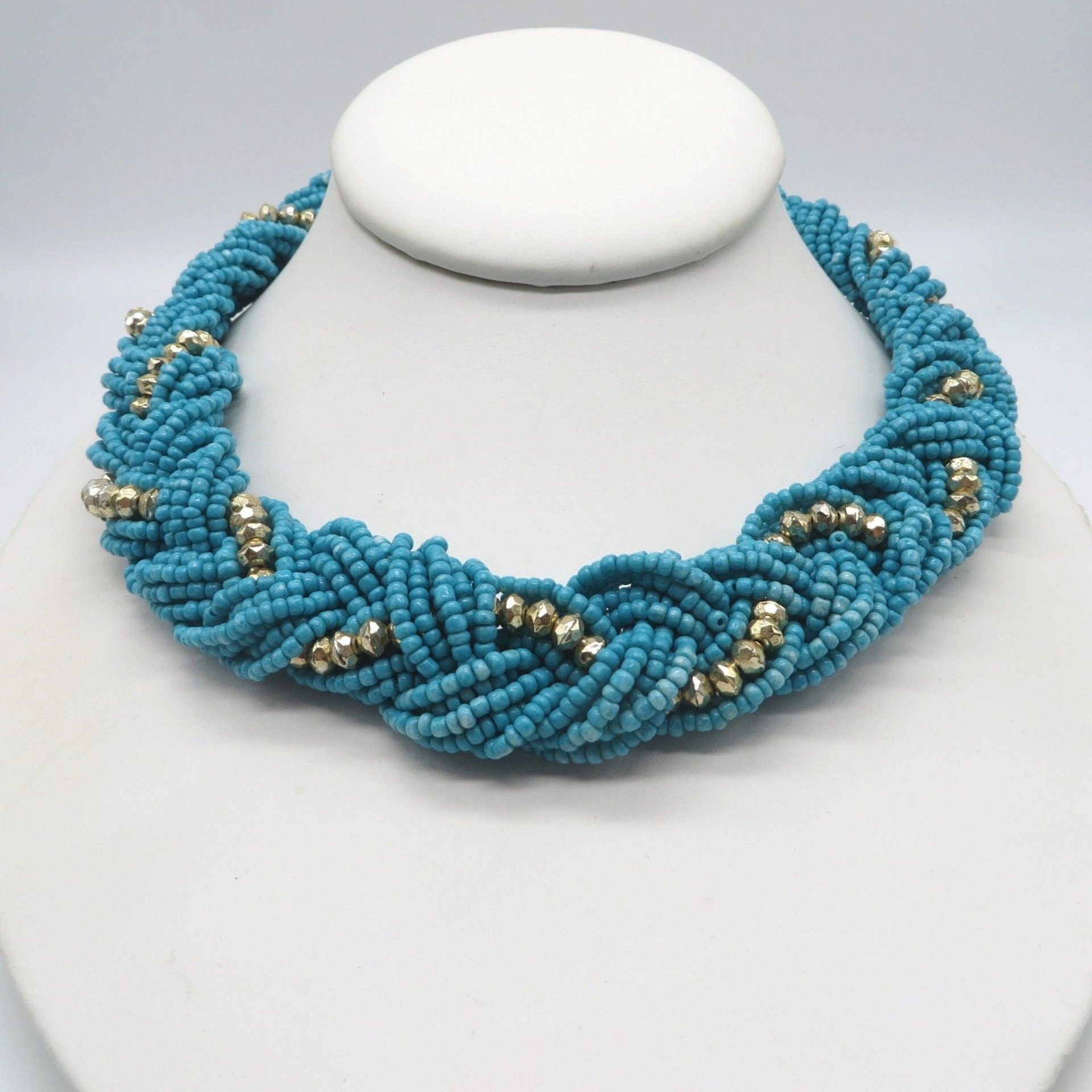 Turquoise Braided Bead Gold and Silver Tone Choker Necklace
