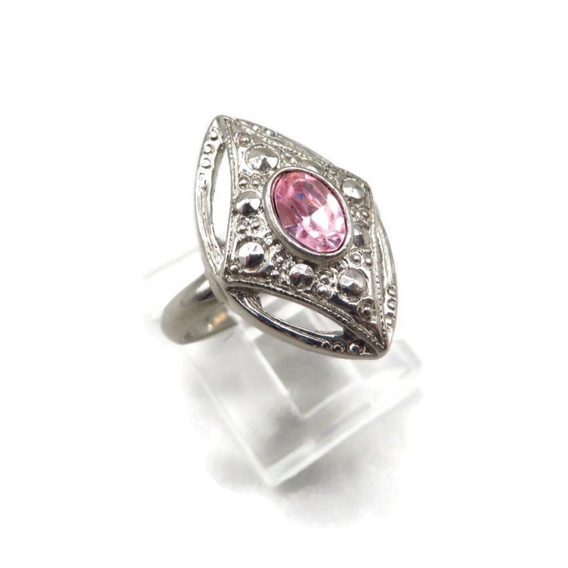 AVON Pink Glass, Beaded Silver Tone Fashion Ring, Size 6
