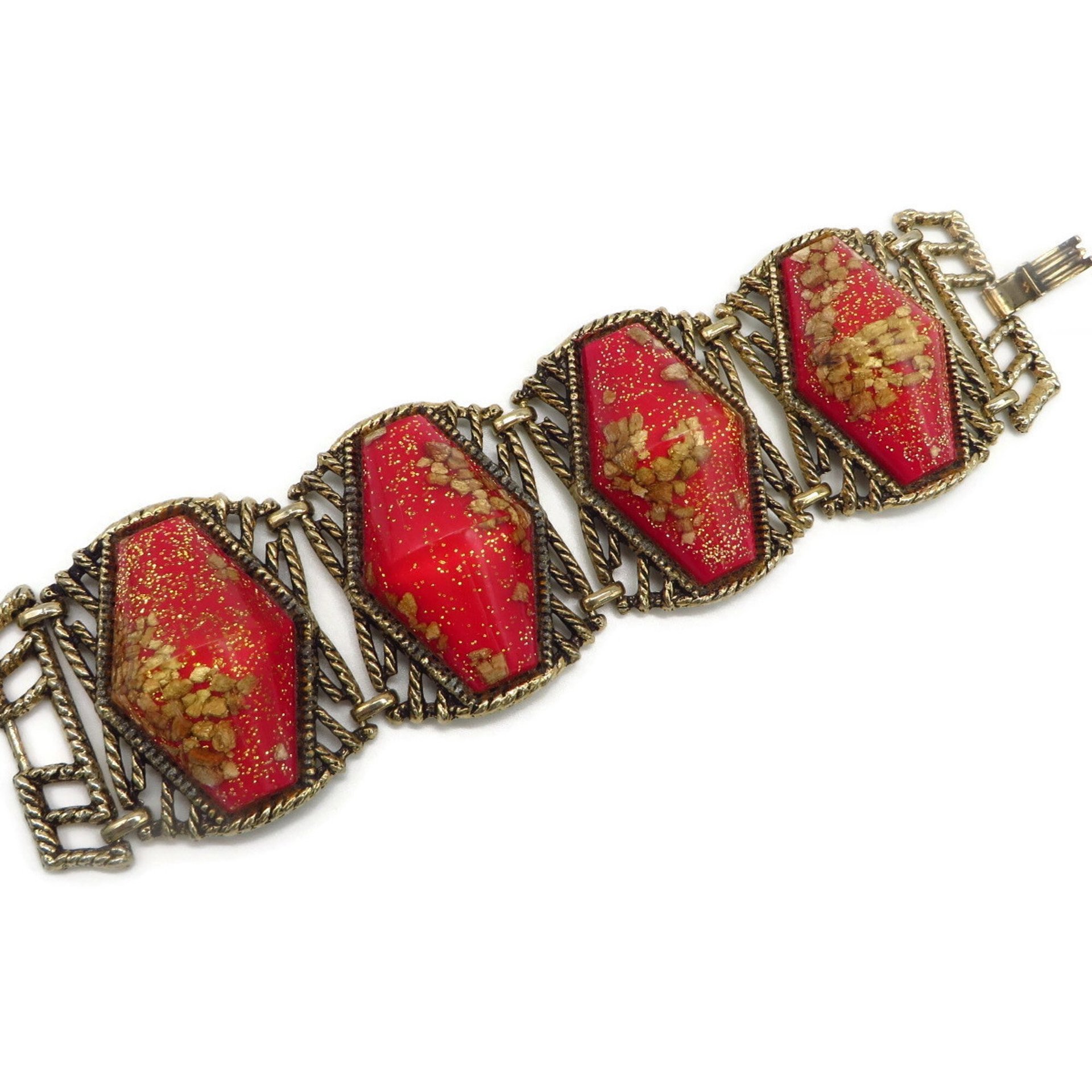 SELRO SELINI Red Lucite, Confetti Panel Bracelet, Vintage Jewelry