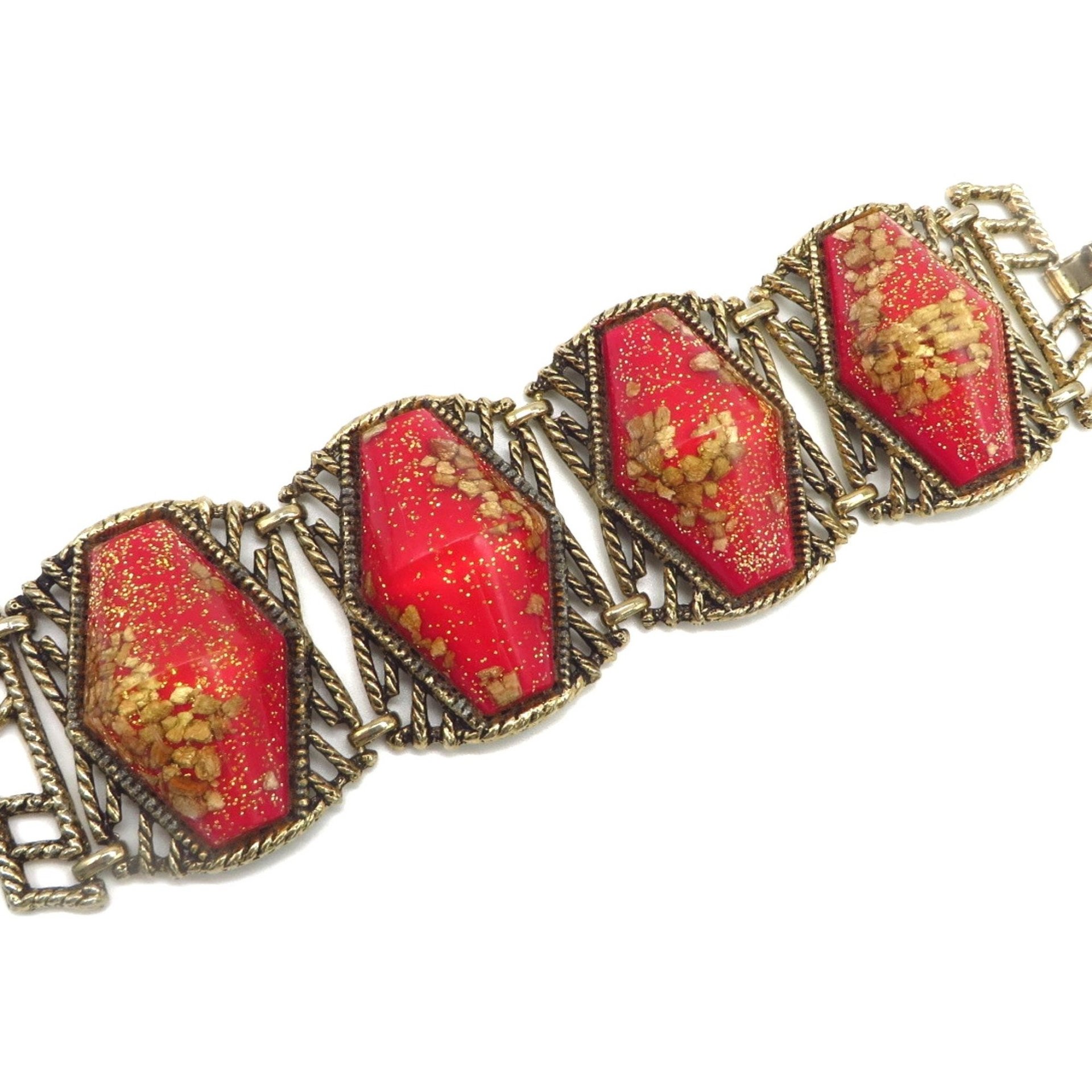 SELRO SELINI Red Lucite, Confetti Panel Bracelet, Vintage Jewelry