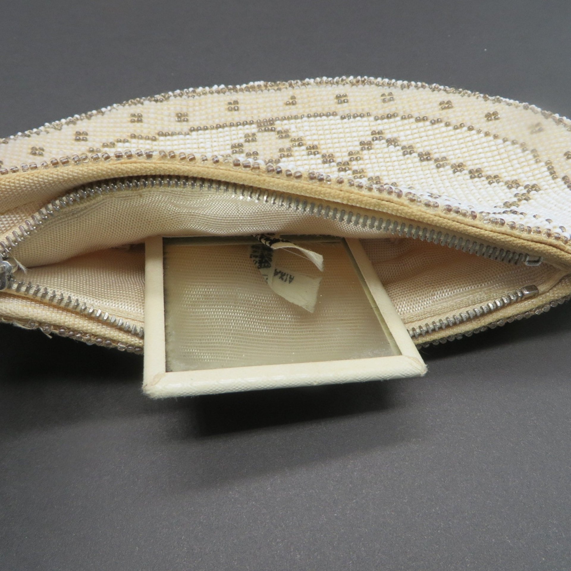 Art Deco Clutch Purse, Cream Beaded Evening Bag w/Mirror