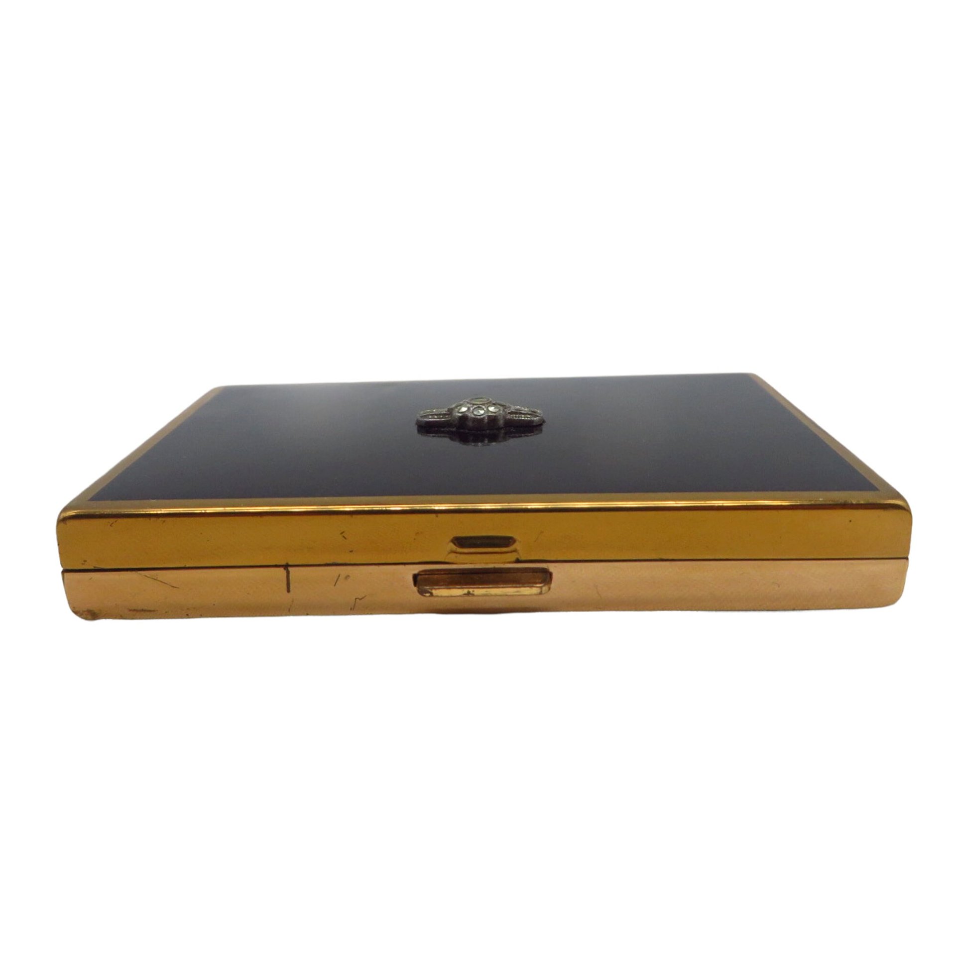 AGME Swiss Compact, Black Enamel Top, Marcasite Flower, Gold Tone Makeup Case