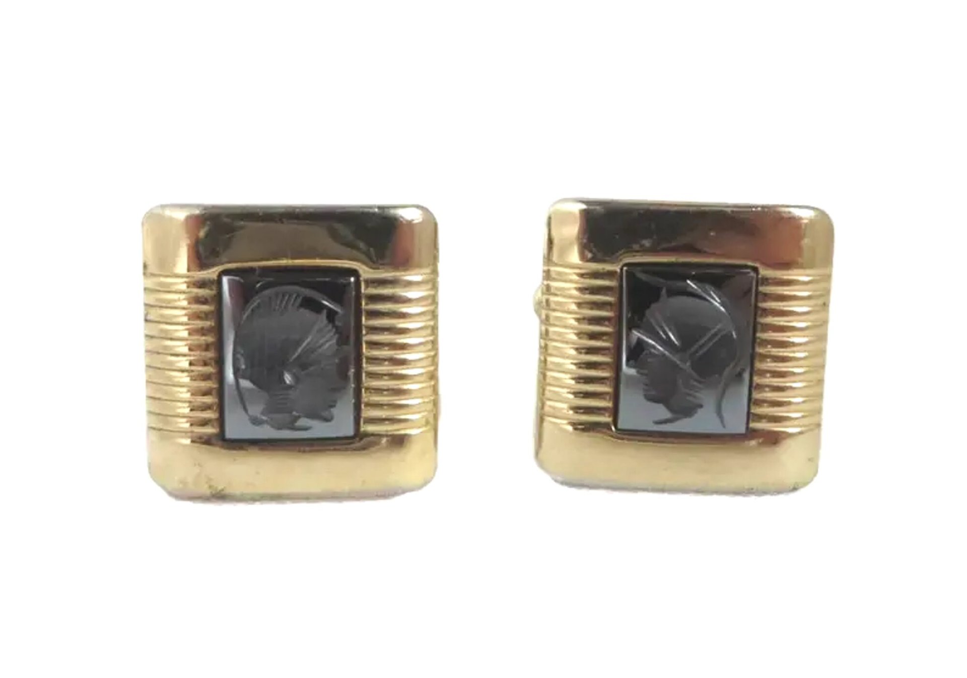 Black Carved Roman Soldier Gold Tone Cuff Links