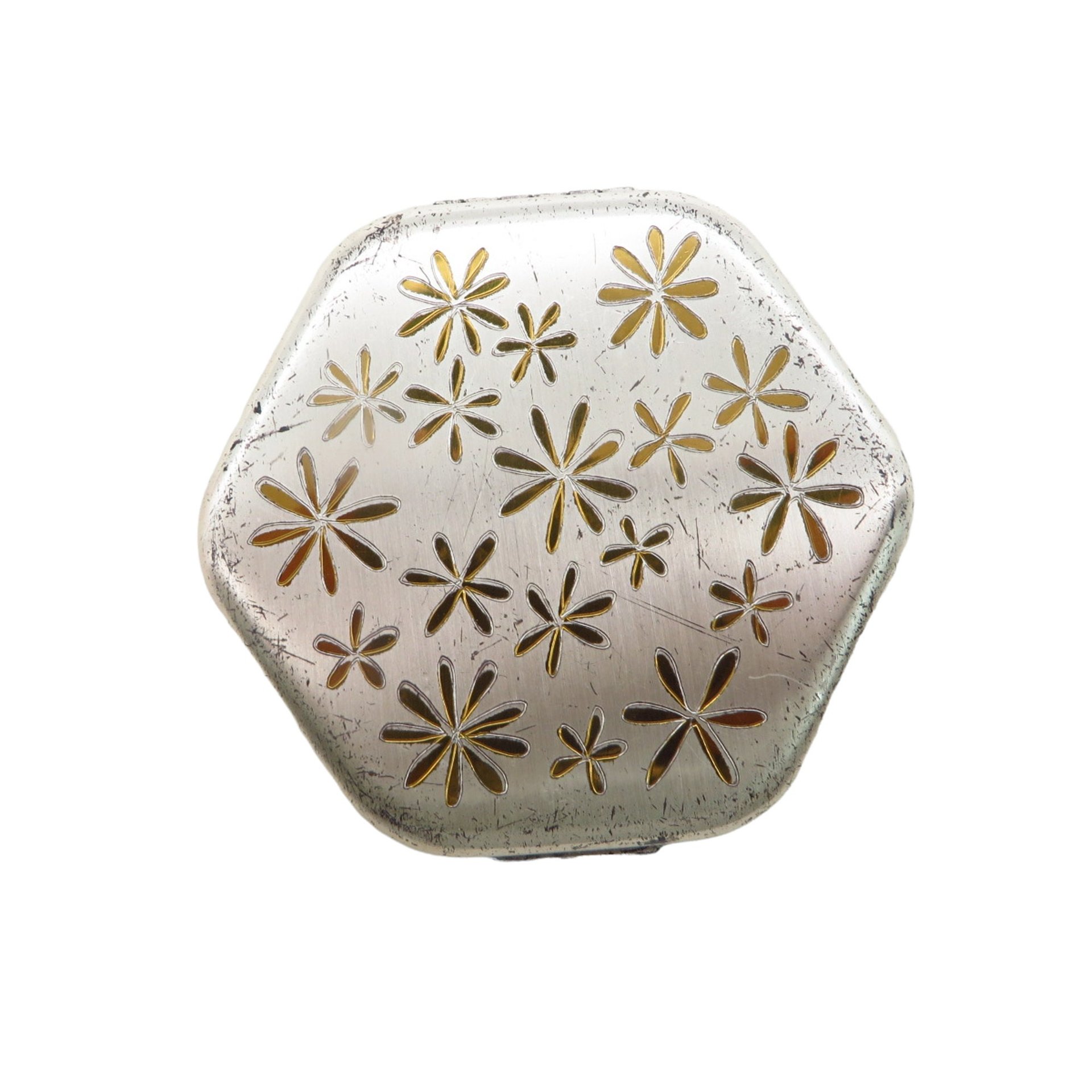 Pilcher Hexagonal Silver Tone Gold Flower Powder Case