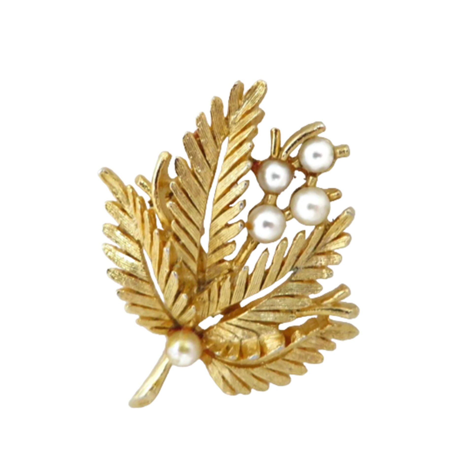 ROMA Gold Tone Faux Pearl Flowery Leaf Pin