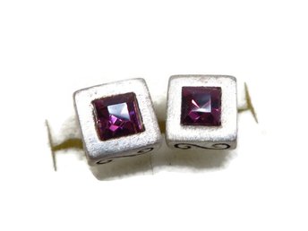 Tiny Faux Amethyst Earrings, Square Silver Tone Scrolled Pierced Studs