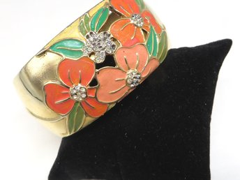 Boho Enameled Flowers Cuff Bracelet, Coral Orange Mint Green Rhinestones, Gold Tone, Unsigned Vintage